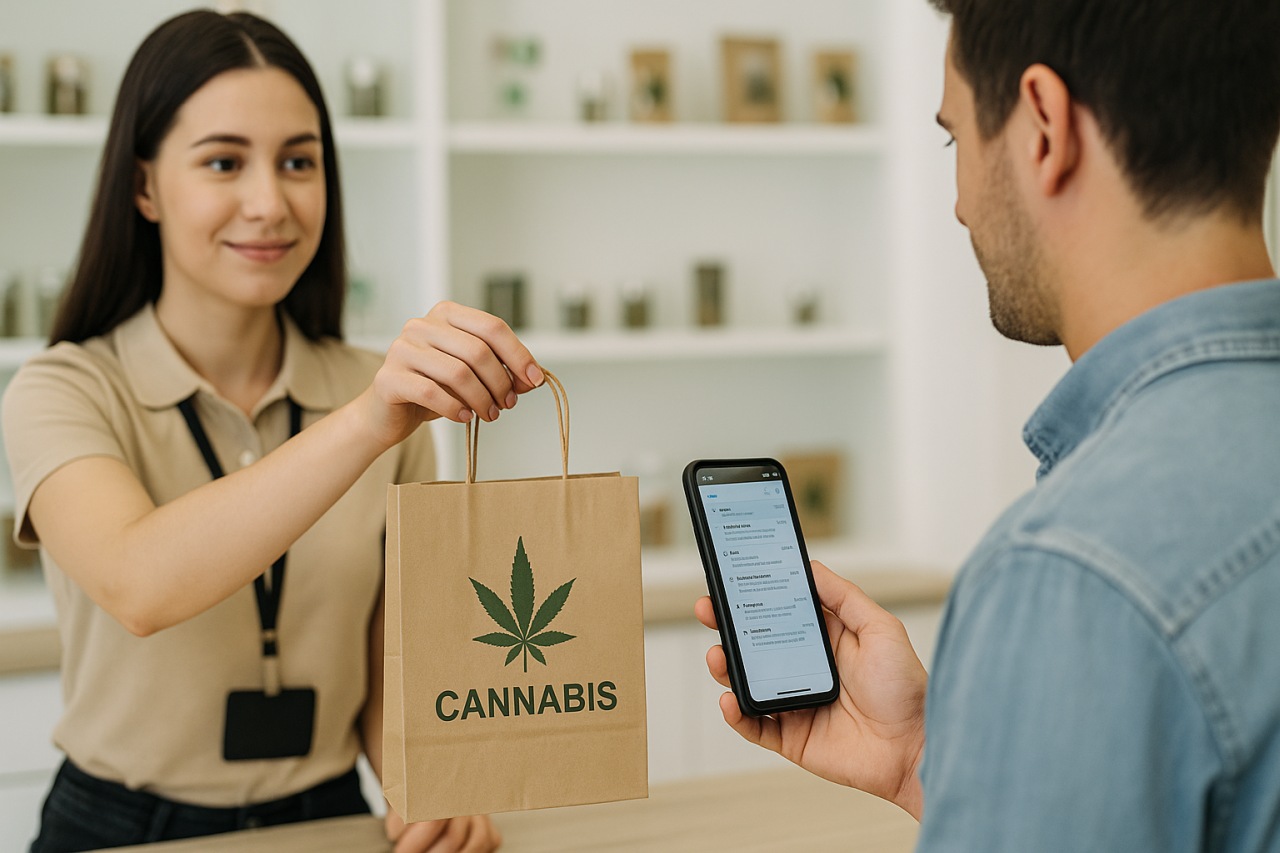 Cannabis dispensary employee handing a branded product bag to a customer using a smartphone with email open.
