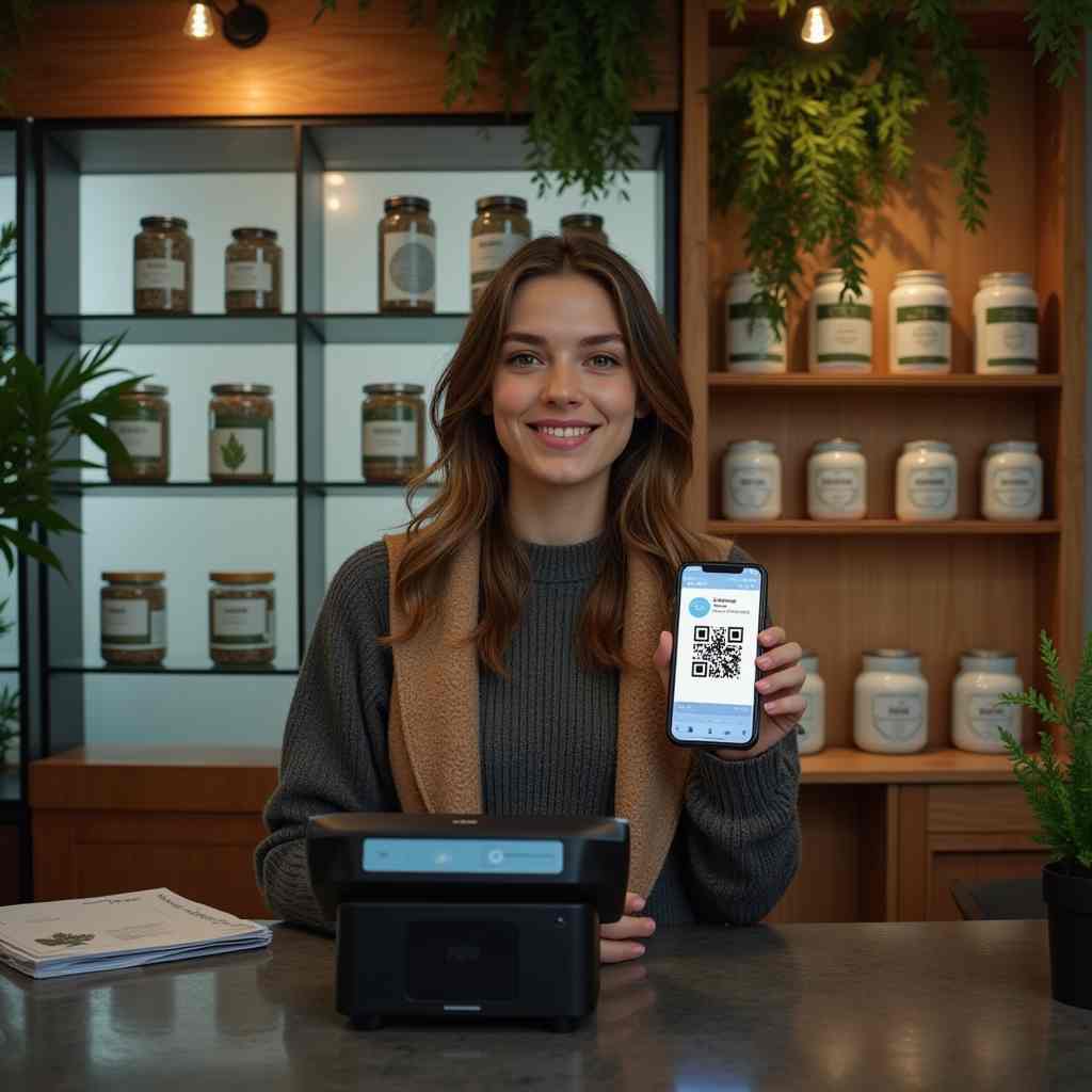 Smiling woman at cannabis dispensary counter holds up phone showing a QR code for payment beside jars on shelves.