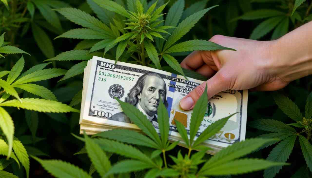A hand holding a stack of hundred-dollar bills among cannabis plants, symbolizing marijuana profits and the growing cannabis business economy.