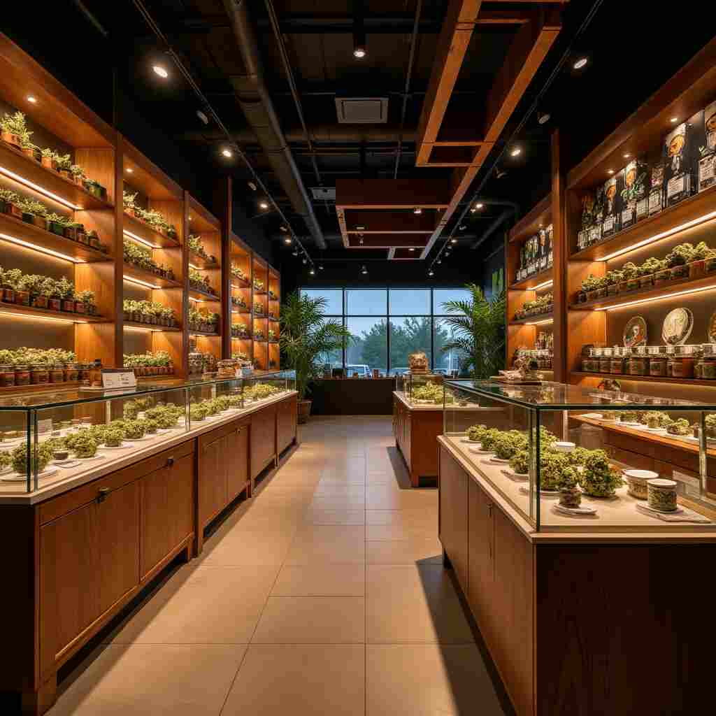 Brightly lit modern cannabis dispensary with glass display counters and wooden shelves stocked with neatly arranged cannabis products.